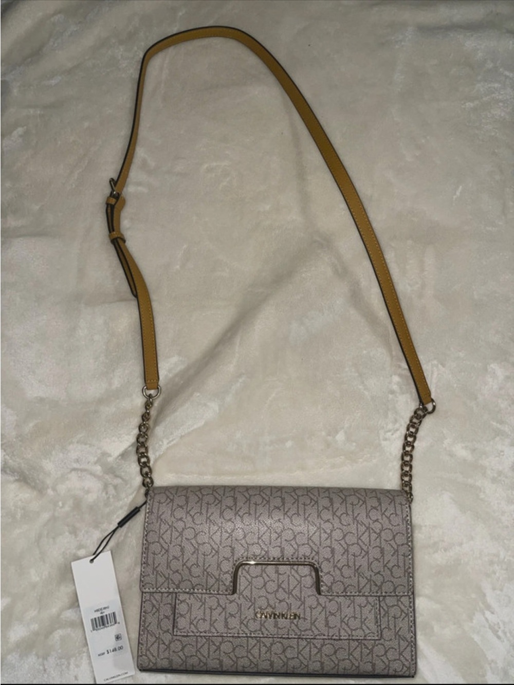 Calvin Klein Beige Monogram Crossbody with Mustard Strap